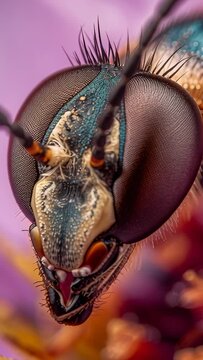 Vertical video: Sensing pollen, insect head probing flower, flicking antennae and opening mandibles
