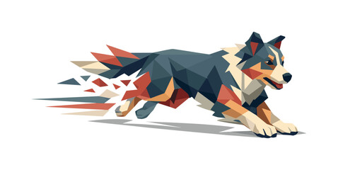 Low-poly vector illustration of a dog landing smoothly after the agility leap, confident angular posture with front paws touching