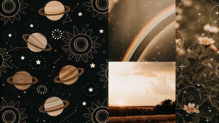 Fototapeta premium Vibrant collage of celestial bodies and nature scenes with rainbow