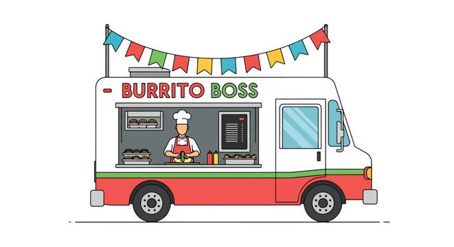 Modern vector illustration of Mexican burrito food truck serving street food at outdoor festival. Mobile fast casual restaurant concept with chef preparing wraps and happy customers in urban event sce