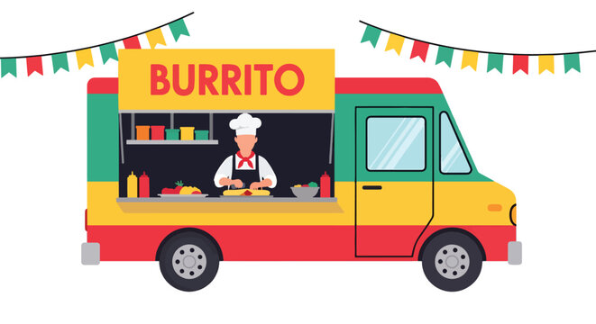 Modern vector illustration of Mexican burrito food truck serving street food at outdoor festival. Mobile fast casual restaurant concept with chef preparing wraps and happy customers in urban event sce