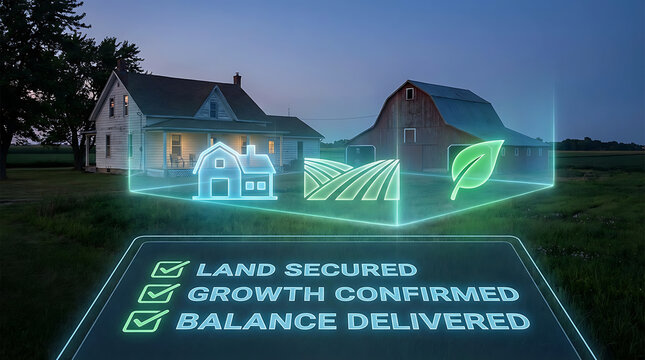 Farmhouse with holographic land plot overlay at dusk showcasing secured land growth and balance