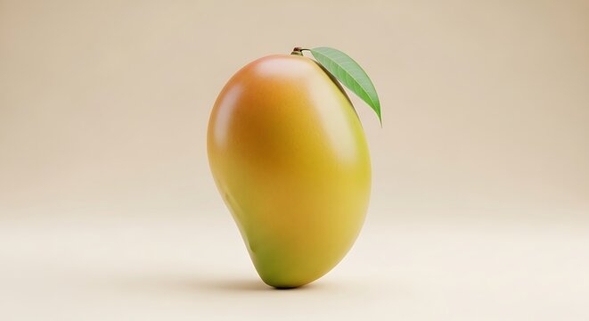 Fresh whole ripe mango with green leaf isolated on white background minimalist food photography