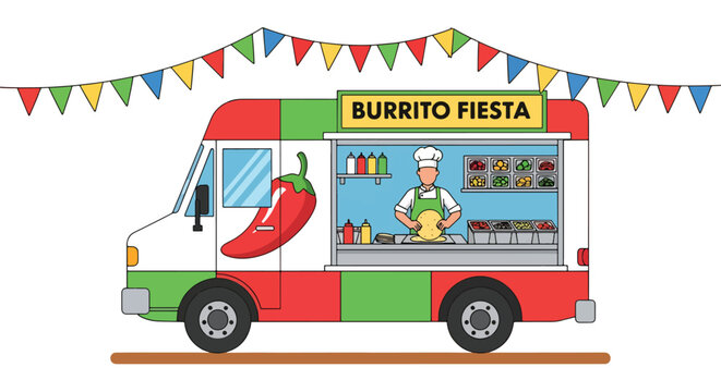 Modern vector illustration of Mexican burrito food truck serving street food at outdoor festival. Mobile fast casual restaurant concept with chef preparing wraps and happy customers in urban event sce