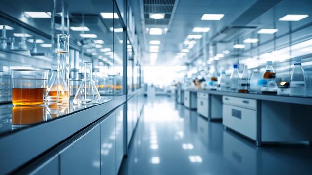 Modern Laboratory Interior with Glassware and Chemical Solutions Display