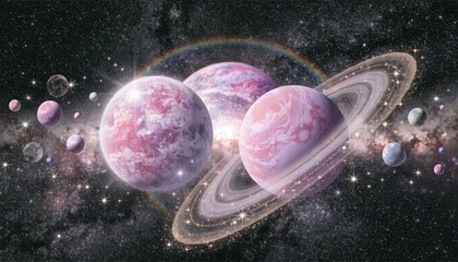 Fototapeta premium Stunning pink planets with rainbow in vibrant galaxy background