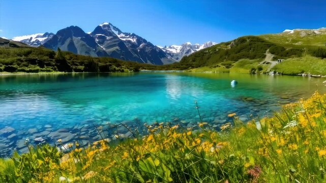 A tranquil mountain lake reflects the clear sky. Lush flora fringes the water's edge