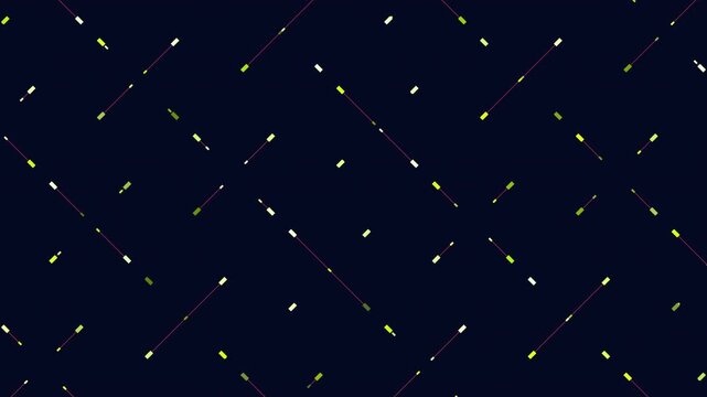 Abstract digital HUD grid with neon lines and glitch particles on dark background