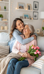 Obraz premium Woman embracing her senior mother on a sofa at home in celebration of Women's Day.