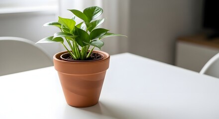 Obraz premium Small green houseplant in a terracotta pot on a white table in a modern interior.