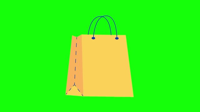 Single shopping bag animation concept with yellow tote vector icon symbol popup. Animated sport design, editable item motion graphic video template with green screen background.