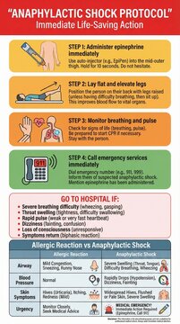 Medical infographic provides anaphylactic shock treatment protocol steps