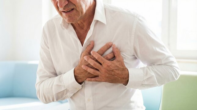 Elderly man clutching chest in pain sitting on sofa holding sternum in bright room expressing discomfort and concern