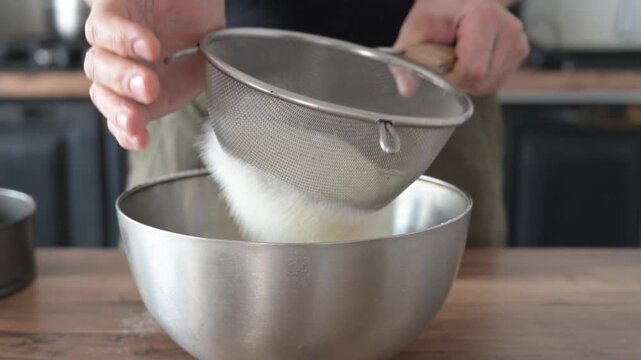 Chef sifting flour through sieve to aerate for sponge cake batter. Baking preparation and professional pastry technique in kitchen.