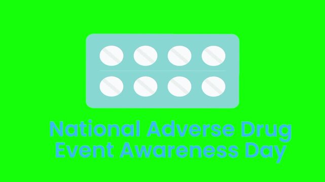 National Adverse Drug Event Awareness Day text animation concept with medicine vector icon symbol. Animated word design, editable lettering motion graphic video template with green screen background
