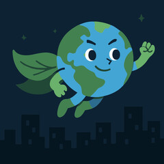 Earth globe wearing superhero cape made of green leaves flying above dark city © Bima