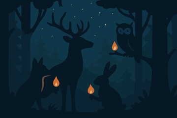 Fototapeta premium Night forest scene with animals holding tiny candles in support of Earth Hour