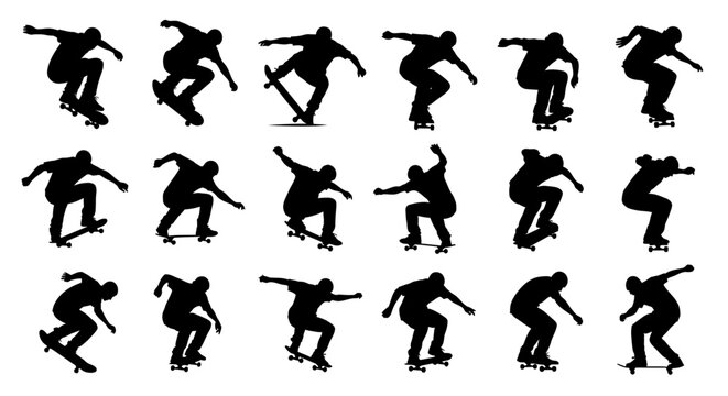 Skateboard Silhouette Sequence: A dynamic black silhouette series captures a skater's fluid movements, showcasing the artistry and athleticism of skateboarding.