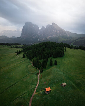 Aerial view of a winding dirt path bisecting vibrant green meadows towards a dense forest and the imposing Schlern mountain under a moody sky, Alpe di Siusi, Trentino-Alto Adige, Italy.