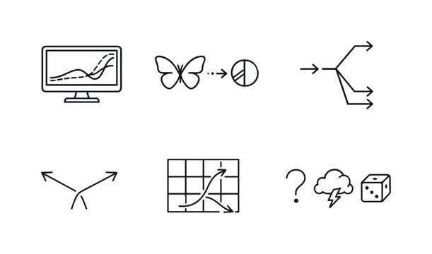 Line style vector icons of initial-condition sensitivity: computer-screen motif, tiny-change icon, branching-path outline,