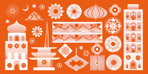 Abstract arrangement of coral colored architectural and floral motifs © Kabita