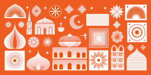 A collection of stylized islamic architectural and cultural motifs in orange © Kabita