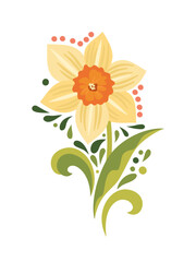 Wiosenny żonkil w stylu ludowym, dekoracyjna ilustracja wektorowa z kwiatem narcyza i motywami roślinnymi © Monika