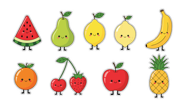 Set of cute fruit character stickers features anthropomorphic versions of watermelon, apple, banana, and other tasty treats.