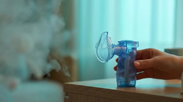 Pediatric nebulizer asthma therapy medical inhaler child treatment respiratory care breathing equipment steam mist health concept home interior blue device checkup wooden table portable healthcare