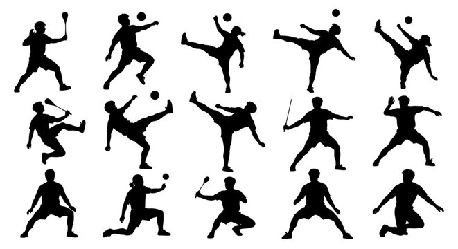 Sepak Takraw Silhouettes: A dynamic display of sepak takraw action, showcasing athletes in mid-play with a flurry of powerful kicks and skillful maneuvers. Capturing the essence of sport.