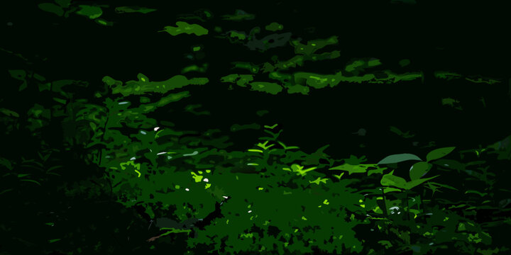 Abstract green foliage shapes against a dark undefined background