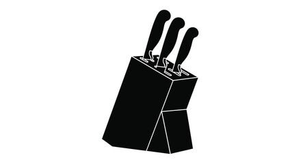 A stark black silhouette of kitchen knives standing upright in a block creating a bold visual contrast silhouette © RMvectors02