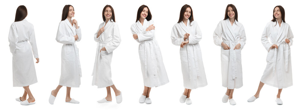 Happy woman in bathrobe on white background. Collage of portraits
