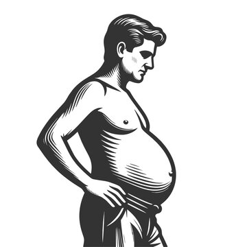 shirtless overweight man in side profile, highlighting large belly and obesity health concept sketch engraving generative ai fictional character vector illustration. Scratch board. Black and white.