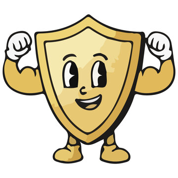 Mascot Golden Shield Character Flexing Muscles