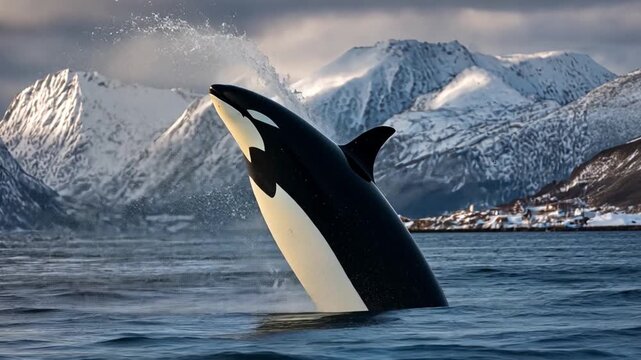 Majestic Orca Breaching in Icy Arctic Waters Against Snowy Mountains