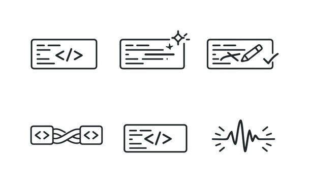Line vector icons of a line of code written by AI and corrected by a developer (assisted coding): code strip, generated piece,