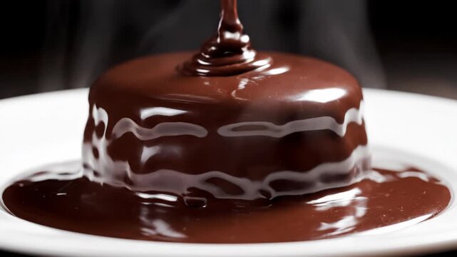 Warm chocolate molten cake with dripping hot fudge on plate