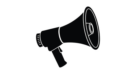 A stark black image depicts a vintage megaphone angled slightly presenting a bold graphic silhouette high quality professional detailed