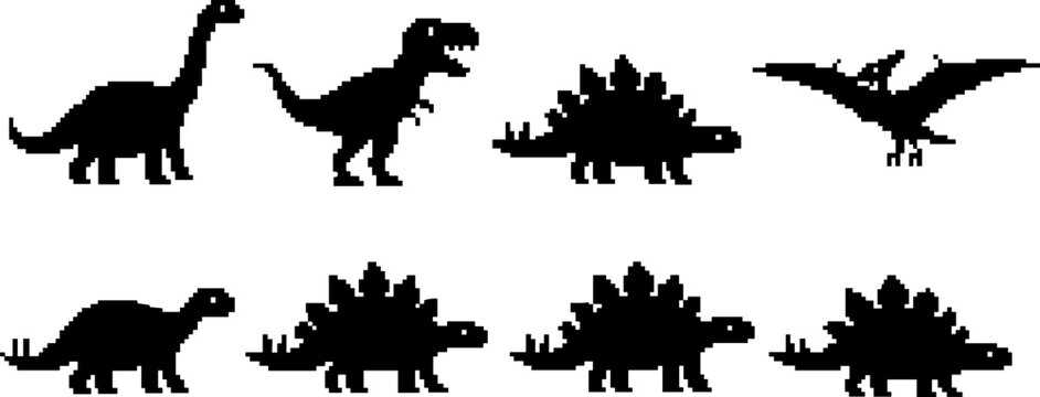 Pixel dinosaur silhouette icon set, Tyrannosaurus rex, sauropod, Stegosaurus, Pterosaur illustration, prehistoric animal design, black vector graphics for educational themes