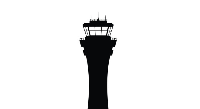 A stark isolated air traffic control tower stands against a brilliant white background creating a dramatic silhouette high quality