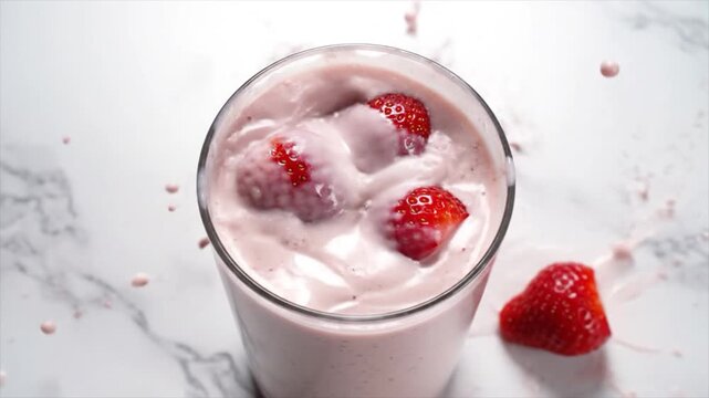 Strawberry milkshake with fresh strawberries in a glass on a marble surface viewed from above