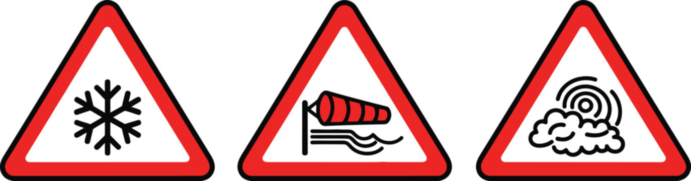 set of road warning signs indicating diverse adverse weather conditions: snow, strong wind, and dense fog, for safety.