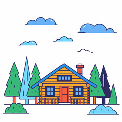 Fototapeta premium Cozy Wooden Log Cabin in Forest Vector Illustration