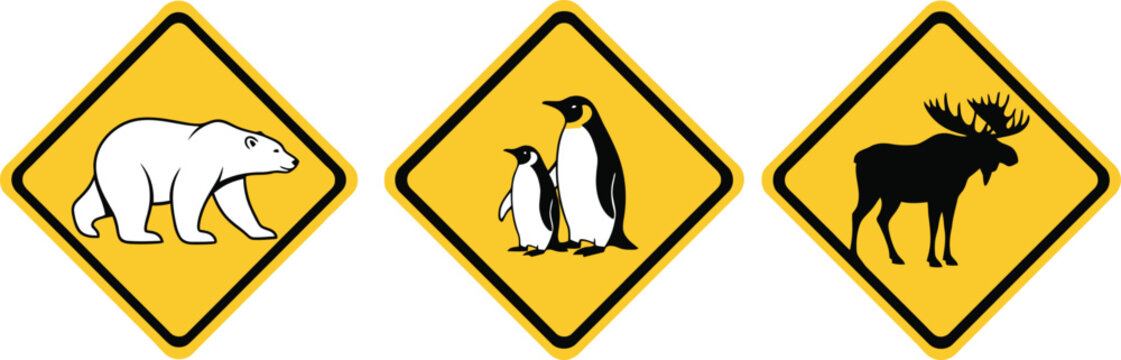 A set of warning signs with illustrations of arctic and northern animals: a polar bear, penguins, and a moose, for wildlife caution.