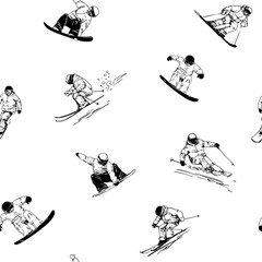 Seamless pattern, Set of vector illustrations of snowboarders, ski, winter sports, monochrome