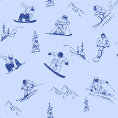 Naklejka premium Seamless pattern, Set of vector illustrations of snowboarders, ski, winter sports, monochrome