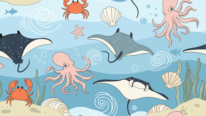 Obraz premium Charming seamless pattern of ocean life including stingrays octopuses crabs and seashells on a blue wavy background.