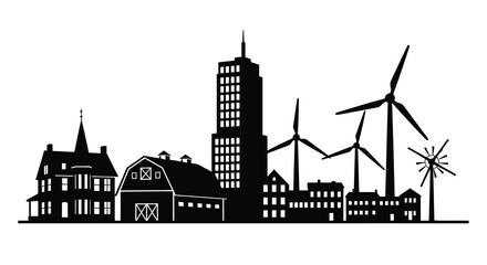 A striking black cityscape including buildings wind turbines and a church all rendered as a bold silhouette high quality © RMvectors02