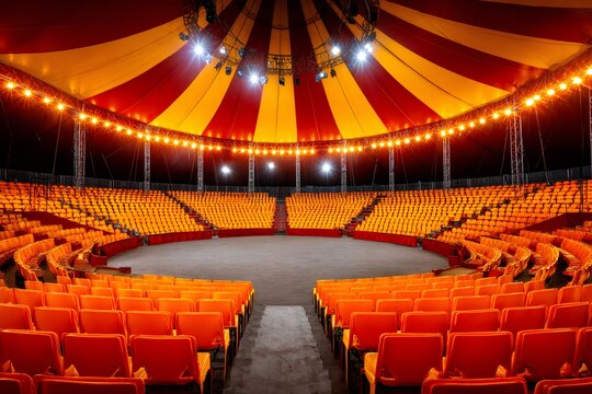 Big top circus tent interior with empty orange seats